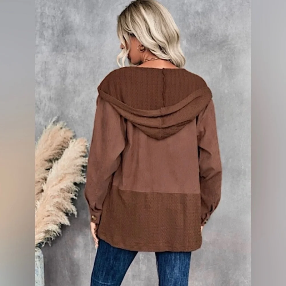 ๐ฅณHP 11/28/22๐Hooded Long Sleeve Button Front Corduroy Jacket Color: Brown - Picture 2 of 6
